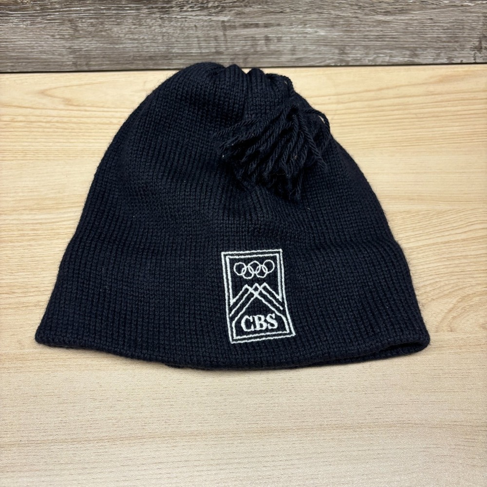 Vintage CBS Olympics Hat Cap Beanie Black 90s Winter Games‎ Wool Made in Canada